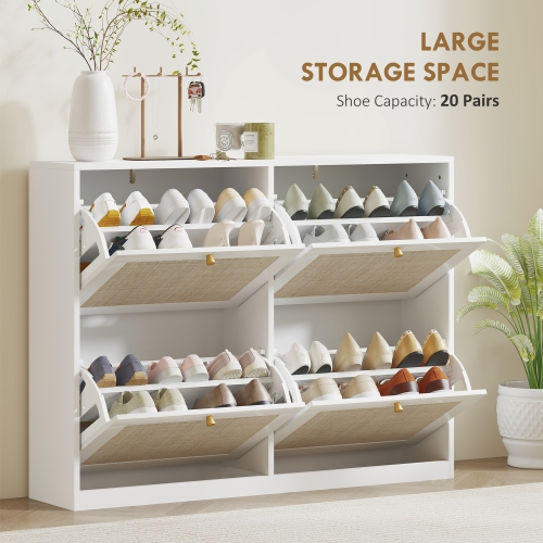 HOMCOM Boho Rattan Shoe Cabinet with 4 Flip Drawers and Adjustable Shelves, Narrow Shoe Storage Cabinet, Holds 20 Pairs for Entryway, Hallway, White