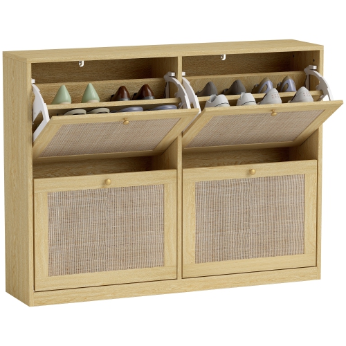HOMCOM Boho Rattan Shoe Cabinet with 4 Flip Drawers and Adjustable Shelves, Narrow Shoe Storage Cabinet, Holds 20 Pairs for Entryway, Hallway, Oak