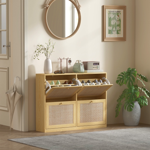 HOMCOM Boho Rattan Shoe Cabinet with 4 Flip Drawers and Adjustable Shelves, Narrow Shoe Storage Cabinet, Holds 20 Pairs for Entryway, Hallway, Oak