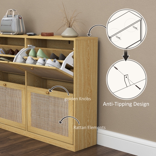 HOMCOM Boho Rattan Shoe Cabinet with 4 Flip Drawers and Adjustable Shelves, Narrow Shoe Storage Cabinet, Holds 20 Pairs for Entryway, Hallway, Oak