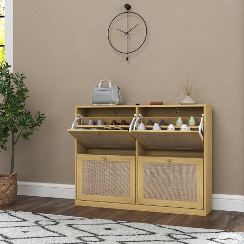 HOMCOM Boho Rattan Shoe Cabinet with 4 Flip Drawers and Adjustable Shelves, Narrow Shoe Storage Cabinet, Holds 20 Pairs for Entryway, Hallway, Oak