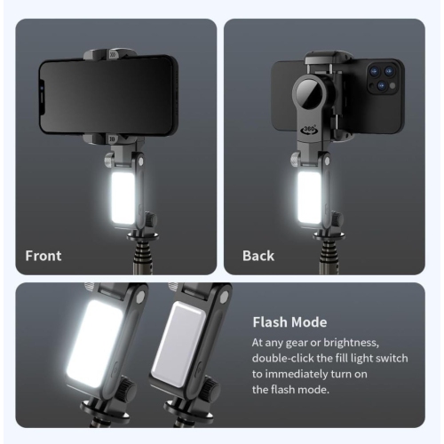 Stabilisateur à cardan, perche à égoportrait pour iPhone avec lampe et télécommande, trépied pour téléphone - Trépied pour perche à égoportrait de