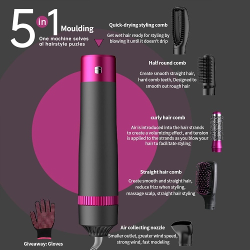 Brosse de sèche-cheveux 5 en 1 Brosse à air chaud avec têtes de brosse remplaçables pour tous les types de cheveux