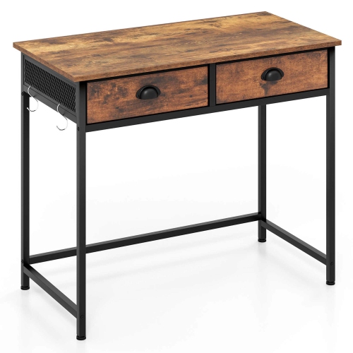 Costway Space Saving Home Computer Desk with 2 Fabric Drawers 4 Hanging Hooks & Metal Frame Brown/White