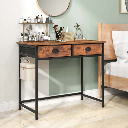 Costway Space Saving Home Computer Desk with 2 Fabric Drawers 4 Hanging Hooks & Metal Frame Brown/White