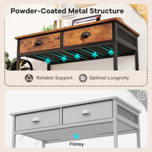 Costway Space Saving Home Computer Desk with 2 Fabric Drawers 4 Hanging Hooks & Metal Frame Brown/White