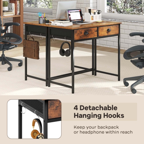 Costway Space Saving Home Computer Desk with 2 Fabric Drawers 4 Hanging Hooks & Metal Frame Brown/White