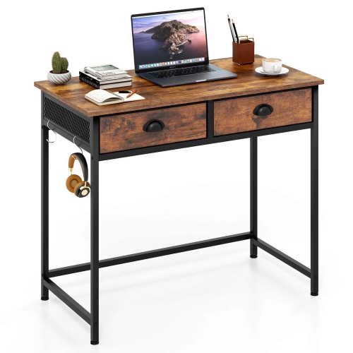 Costway Space Saving Home Computer Desk with 2 Fabric Drawers 4 Hanging Hooks & Metal Frame Brown/White