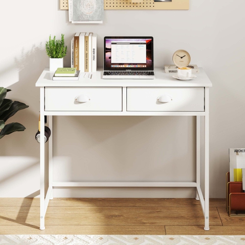 Costway Space Saving Home Computer Desk with 2 Fabric Drawers 4 Hanging Hooks & Metal Frame Brown/White