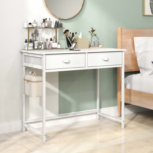 Costway Space Saving Home Computer Desk with 2 Fabric Drawers 4 Hanging Hooks & Metal Frame Brown/White