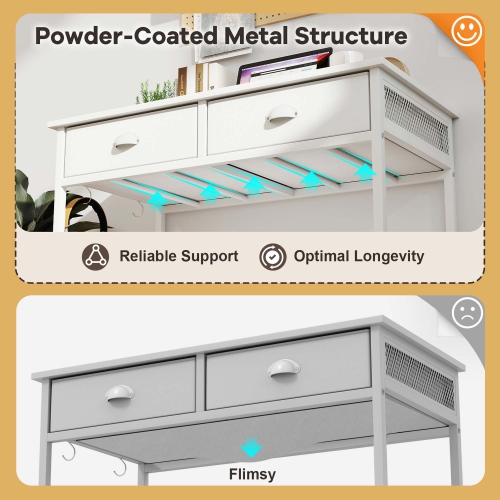 Costway Space Saving Home Computer Desk with 2 Fabric Drawers 4 Hanging Hooks & Metal Frame Brown/White