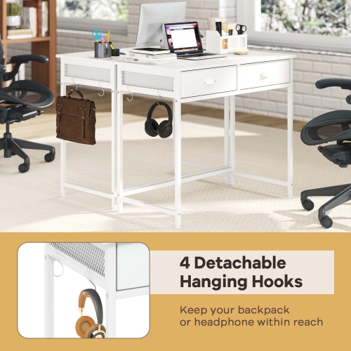 Costway Space Saving Home Computer Desk with 2 Fabric Drawers 4 Hanging Hooks & Metal Frame Brown/White