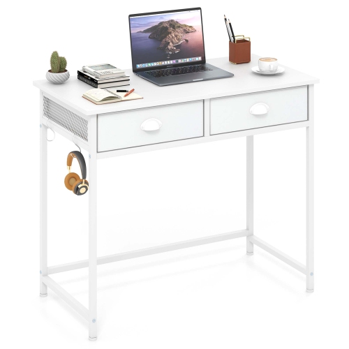 Costway Space Saving Home Computer Desk with 2 Fabric Drawers 4 Hanging Hooks & Metal Frame Brown/White