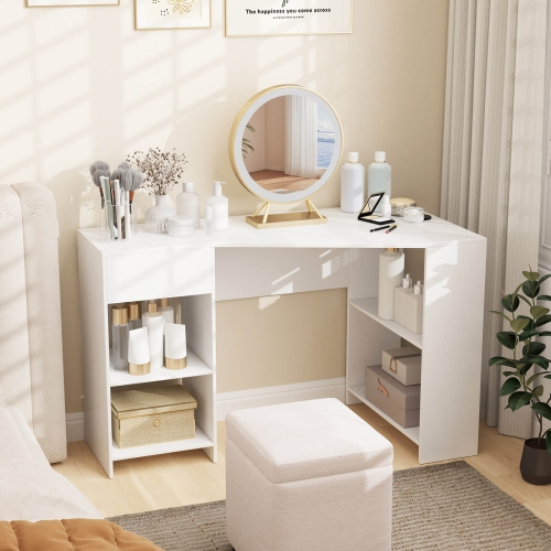 Bureau d'ordinateur en L avec tiroir et tablettes de rangement de Costway pour poste de travail à domicile