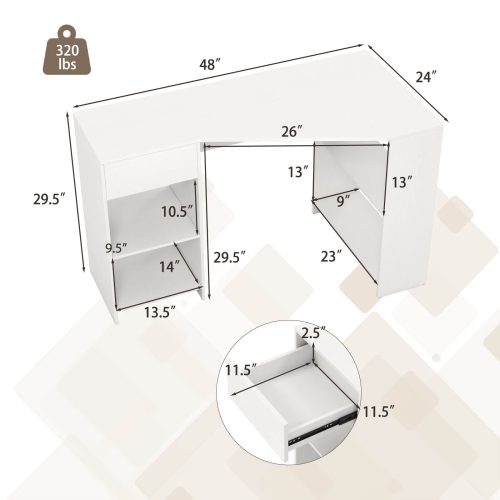 Bureau d'ordinateur en L avec tiroir et tablettes de rangement de Costway pour poste de travail à domicile