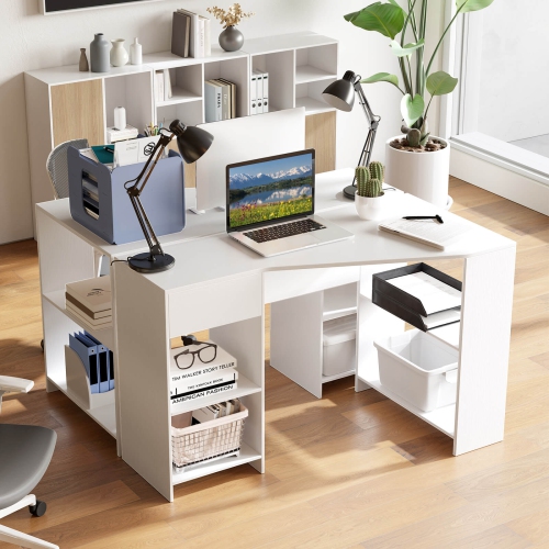 Bureau d'ordinateur en L avec tiroir et tablettes de rangement de Costway pour poste de travail à domicile