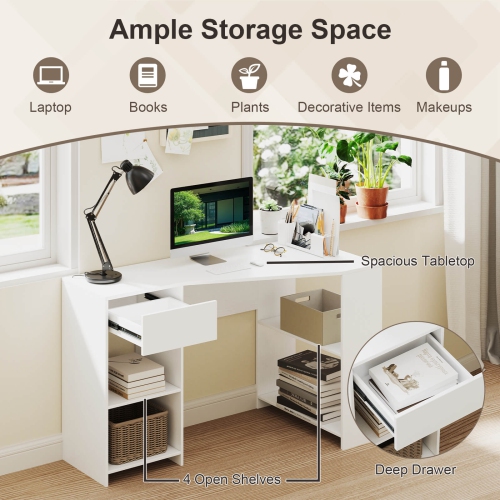 Bureau d'ordinateur en L avec tiroir et tablettes de rangement de Costway pour poste de travail à domicile