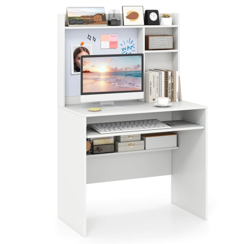 COSTWAY  Computer Desk With Hutch Space Saving Laptop Desk With Magnetic Whiteboard