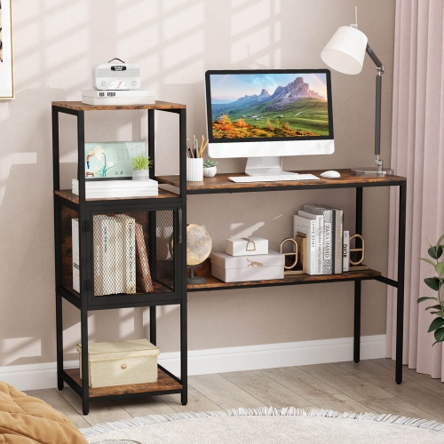 Costway Computer Desk with Bookshelf Large Wide Desktop Storage Shelves Metal Frame