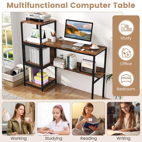 Costway Computer Desk with Bookshelf Large Wide Desktop Storage Shelves Metal Frame
