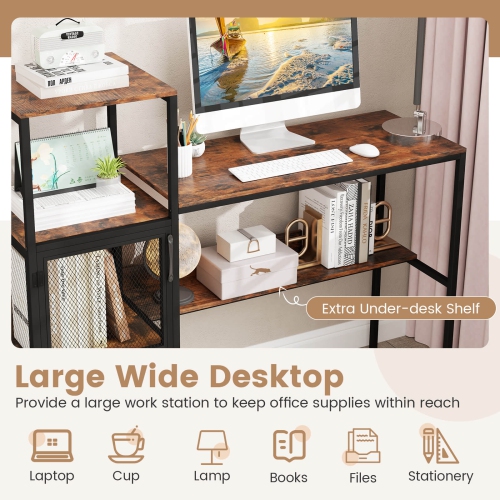 Costway Computer Desk with Bookshelf Large Wide Desktop Storage Shelves Metal Frame