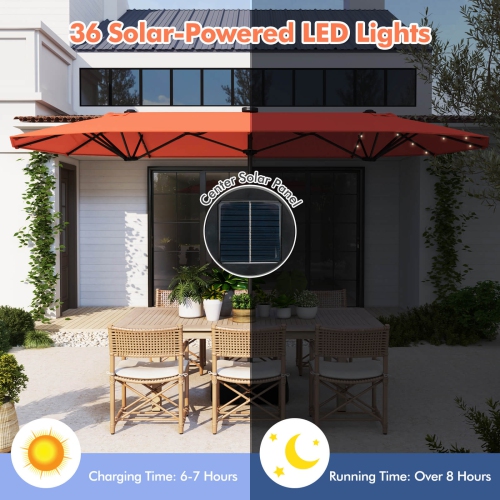 Parasol de patio de 13 pi à deux côtés de Costway avec pied à manivelle avec lampes solaires