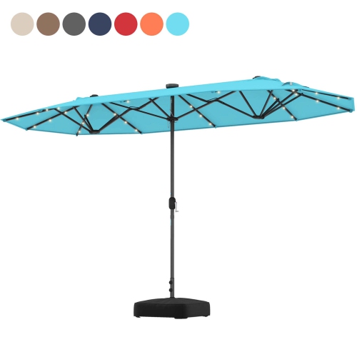 Costway 13FT Double-sided Patio Umbrella with Solar Lights Crank Handle Umbrella Base Turquoise/Gray/Navy/Orange/Beige/Brown