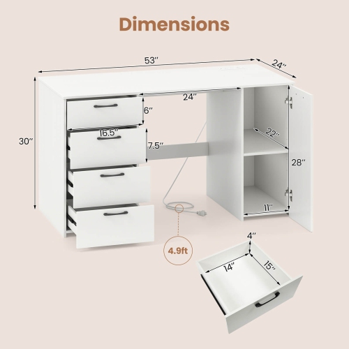 Costway 53" Computer Desk with Power Outlets Large Executive Desk with 4 Storage Drawers Gray/White