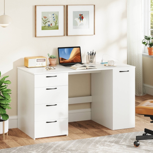 Costway 53" Computer Desk with Power Outlets Large Executive Desk with 4 Storage Drawers Gray/White