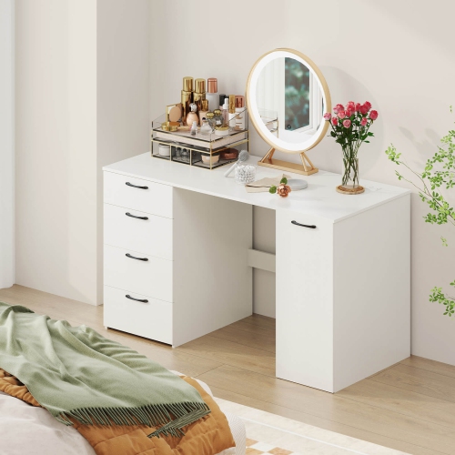 Costway 53" Computer Desk with Power Outlets Large Executive Desk with 4 Storage Drawers Gray/White