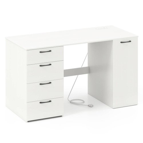 Costway 53" Computer Desk with Power Outlets Large Executive Desk with 4 Storage Drawers Gray/White