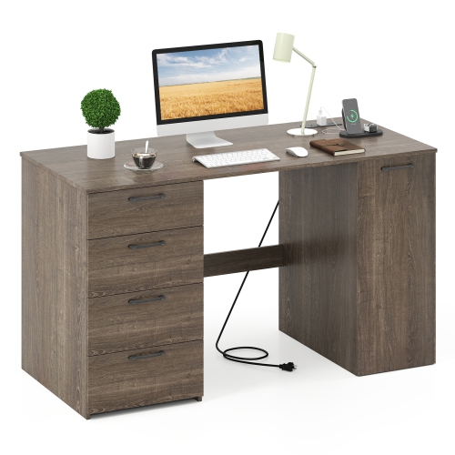 Costway 53" Computer Desk with Power Outlets Large Executive Desk with 4 Storage Drawers Gray/White