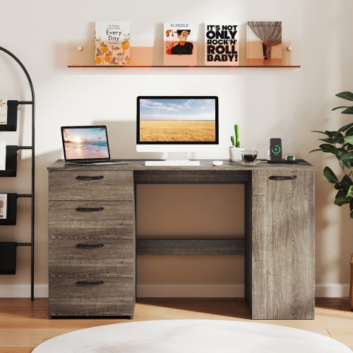 Costway 53" Computer Desk with Power Outlets Large Executive Desk with 4 Storage Drawers Gray/White