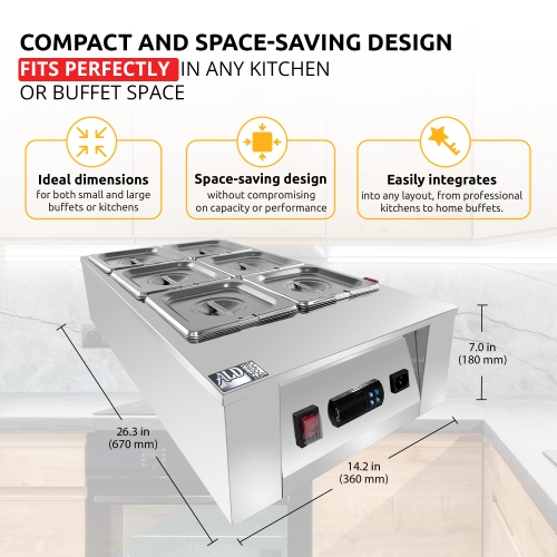 AP-333W Digital Food Warmer | Electric Buffet Station | Commercial Stainless Steel Steam Table | 8 Pots 28.6 lb | 110V