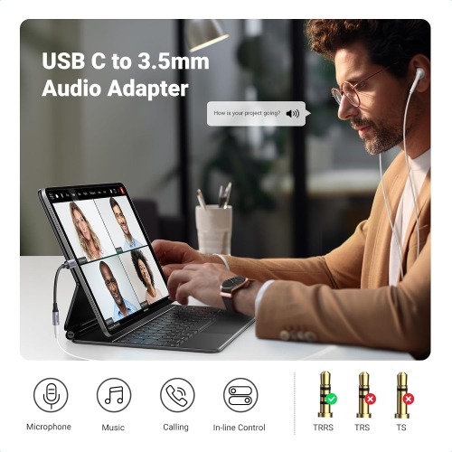 UGREEN – Adaptateur audio USB-C à 3,5 mm de type C vers prise auxiliaire pour écouteurs; Clé 24 bits/96 kHz; Câble DAC haute-fidélité;