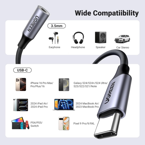 UGREEN – Adaptateur audio USB-C à 3,5 mm de type C vers prise auxiliaire pour écouteurs; Clé 24 bits/96 kHz; Câble DAC haute-fidélité;