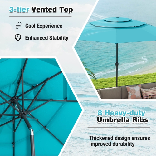 Parasol patio aéré à 3 niveaux 10 pi de Costway Grand parasol extérieur brune/turquoise/bleu marine/beige/gris/rouge/noir