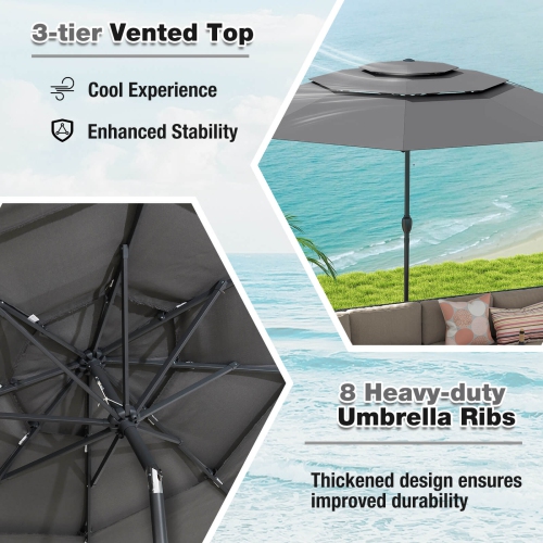 Costway 10 ft 3-tier Vented Patio Umbrella Large Market Table Umbrella Outdoor Sun Shade Brown/Turquoise/Navy/Beige/Gray/Red/Black