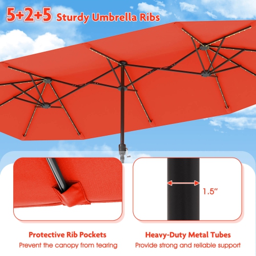 Costway 13 FT Large Patio Umbrella with LED Solar Lights Crank Handle 12 Heavy-Duty Ribs Beige/Brown/Gray/Navy/Orange/Wine