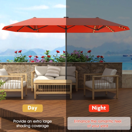 Costway 13 FT Large Patio Umbrella with LED Solar Lights Crank Handle 12 Heavy-Duty Ribs Beige/Brown/Gray/Navy/Orange/Wine