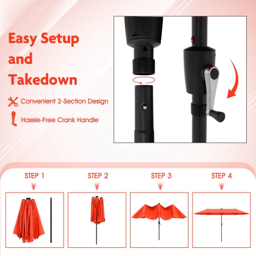 Costway 13 FT Large Patio Umbrella with LED Solar Lights Crank Handle 12 Heavy-Duty Ribs Beige/Brown/Gray/Navy/Orange/Wine