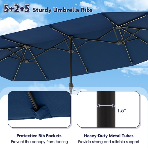 Costway 13 FT Large Patio Umbrella with LED Solar Lights Crank Handle 12 Heavy-Duty Ribs Beige/Brown/Gray/Navy/Orange/Wine