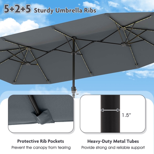 Costway 13 FT Large Patio Umbrella with LED Solar Lights Crank Handle 12 Heavy-Duty Ribs Beige/Brown/Gray/Navy/Orange/Wine