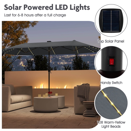 Costway 13 FT Large Patio Umbrella with LED Solar Lights Crank Handle 12 Heavy-Duty Ribs Beige/Brown/Gray/Navy/Orange/Wine