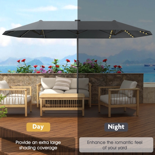Costway 13 FT Large Patio Umbrella with LED Solar Lights Crank Handle 12 Heavy-Duty Ribs Beige/Brown/Gray/Navy/Orange/Wine