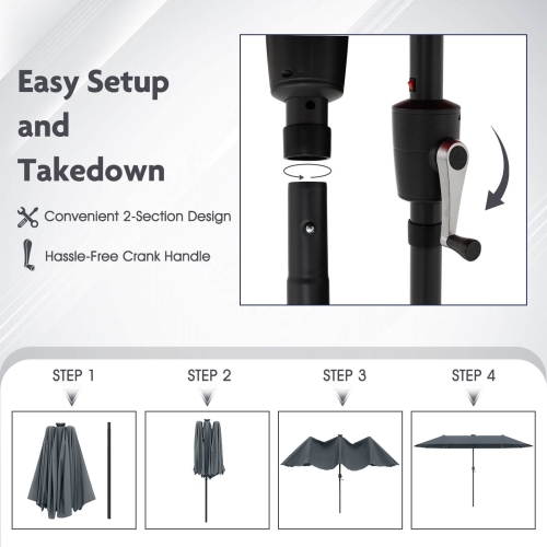 Costway 13 FT Large Patio Umbrella with LED Solar Lights Crank Handle 12 Heavy-Duty Ribs Beige/Brown/Gray/Navy/Orange/Wine