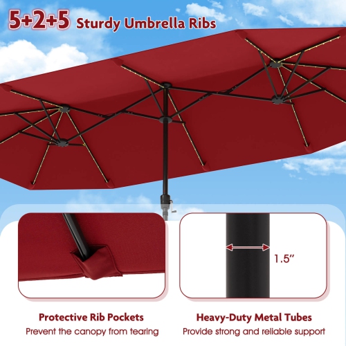 Costway 13 FT Large Patio Umbrella with LED Solar Lights Crank Handle 12 Heavy-Duty Ribs Beige/Brown/Gray/Navy/Orange/Wine