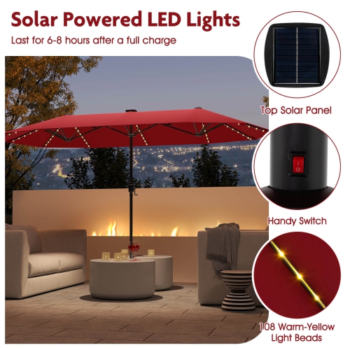 Costway 13 FT Large Patio Umbrella with LED Solar Lights Crank Handle 12 Heavy-Duty Ribs Beige/Brown/Gray/Navy/Orange/Wine