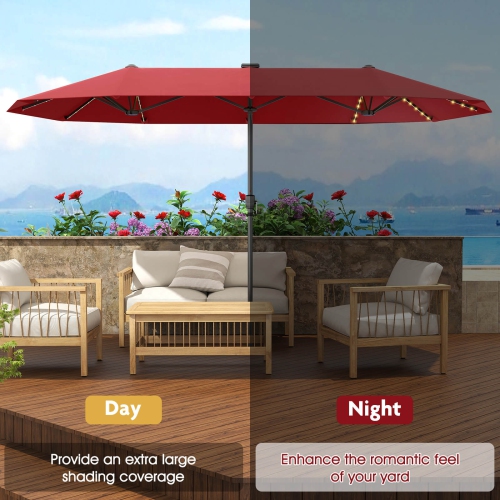 Costway 13 FT Large Patio Umbrella with LED Solar Lights Crank Handle 12 Heavy-Duty Ribs Beige/Brown/Gray/Navy/Orange/Wine