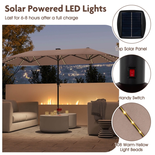 Costway 13 FT Large Patio Umbrella with LED Solar Lights Crank Handle 12 Heavy-Duty Ribs Beige/Brown/Gray/Navy/Orange/Wine